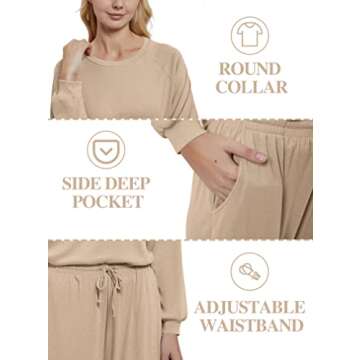 Cakulo Postpartum Sets 2 Pieces for Women Plus Size Comfy Loungewear Pajama Leisure Matching Set Cozy Long Sleeve Top Pants Khaki S