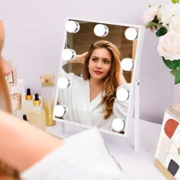 Fenair Vanity Makeup Mirror with Lights with 10X Magnification Lighted Hollywood Mirror with 9 LED Dimmable Bulbs Hollywood Vanity Mirror,11.8”x9.8”,360 Degree Rotation(White)