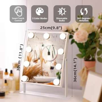 Fenair Vanity Makeup Mirror with Lights with 10X Magnification Lighted Hollywood Mirror with 9 LED Dimmable Bulbs Hollywood Vanity Mirror,11.8”x9.8”,360 Degree Rotation(White)