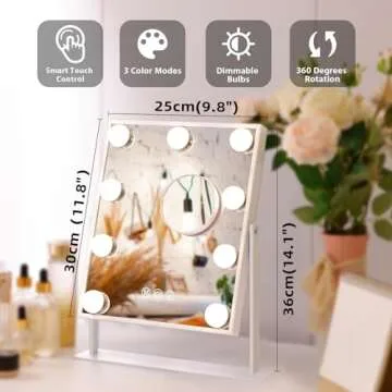 Fenair Vanity Makeup Mirror with Lights with 10X Magnification Lighted Hollywood Mirror with 9 LED Dimmable Bulbs Hollywood Vanity Mirror,11.8”x9.8”,360 Degree Rotation(White)