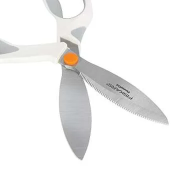 Fiskars SoftGrip PowerCut Fabric and Mixed Media Scissors - 8" Heavy Duty Scissors for Fabric, Cardboard, Cork, Decorative Metal and Foam Cutting with Serrated Blade Edge - White