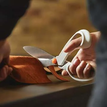 Fiskars SoftGrip PowerCut Fabric and Mixed Media Scissors - 8" Heavy Duty Scissors for Fabric, Cardboard, Cork, Decorative Metal and Foam Cutting with Serrated Blade Edge - White