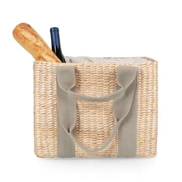 PICNIC TIME Parisian Picnic Basket, Insulated Beach Bag, Seagrass Picnic Tote Bag, (Sage Green)