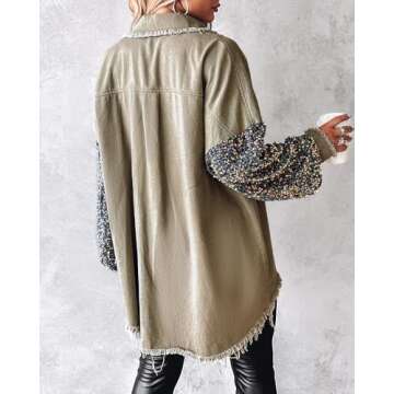 CHICME Womens Sequin Patchwork Oversized Denim Shacket in Khaki
