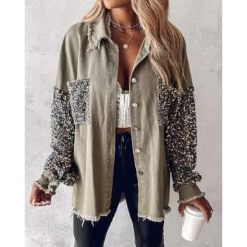 Chic Me Womens Sequin Oversized Denim Shacket