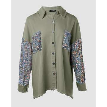 Chic Me Womens Sequin Oversized Denim Shacket