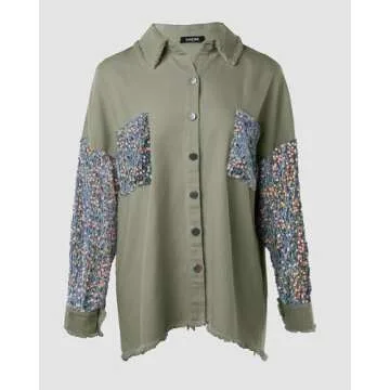 Chic Me Womens Sequin Oversized Denim Shacket