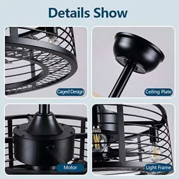 Dannilong Modern Enclosed Ceiling Fan Indoor with Remote Control, Black Caged Industrial Ceiling Fan Light Kit for Living Room, Bedroom, Kitchen (Stripped)