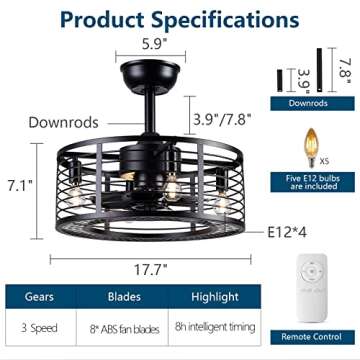 Dannilong Modern Enclosed Ceiling Fan Indoor with Remote Control, Black Caged Industrial Ceiling Fan Light Kit for Living Room, Bedroom, Kitchen (Stripped)