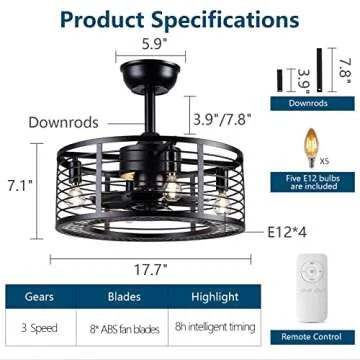 Dannilong Modern Enclosed Ceiling Fan Indoor with Remote Control, Black Caged Industrial Ceiling Fan Light Kit for Living Room, Bedroom, Kitchen (Stripped)