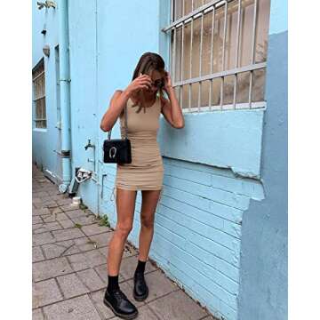 Wenrine Women Bodycon Mini Dress Sleeveless Drawstring Ruched Basic Party Club Tank Dress Khaki