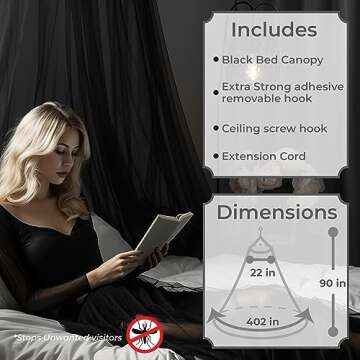 Bollepo Bed Canopy for Adults, Black Canopy Bed Curtains - Canopy for Bed, Netting Room Decor, Ceiling Tent, Canopy for Single, Twin, Full, Queen Size Kids Bed Curtains, Fire Retardant Fabric