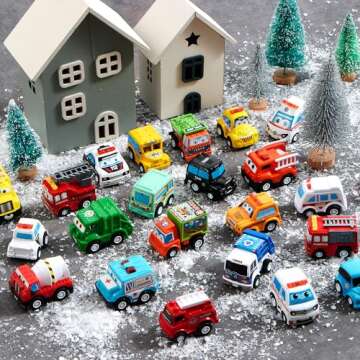 JOYIN 2024 Advent Calendar with 24 Vehicles,Advent Calendar Cars kids Toddler Boys, Xmas Gift 24 Cars with Pull Back Car Police Racing Cars