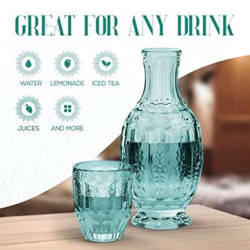 Elle Decor Vintage Bedside Water Carafe with Tumbler Glass – Elegant Pitcher and Matching Drinking Cup Doubles As Lid (Green)