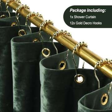 TAMGHO Crushed Velvet Shower Curtain - Luxury Dark Green with Gold Hooks, 72x72