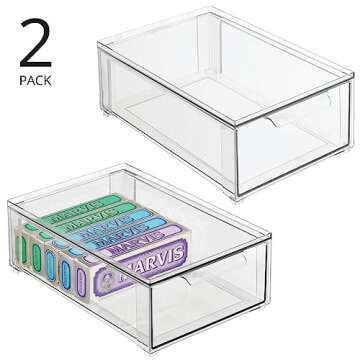 mDesign Plastic Stackable Bathroom Storage Organizer Bin with Pull Out Drawer for Cabinet, Vanity, Shelf, Cupboard, Cabinet, or Closet Organization - Lumiere Collection - 2 Pack - (Clear, 8 x 12 x 4)