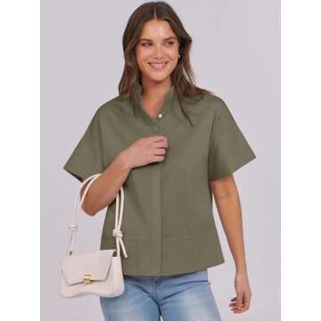ANRABESS Women Short Sleeve Button Down Cropped Shirts Oversized Boxy Loose Fit Dressy Business Casual Office Work Top Blouse Army Green Large