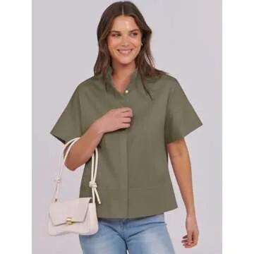 ANRABESS Women Short Sleeve Button Down Cropped Shirts Oversized Boxy Loose Fit Dressy Business Casual Office Work Top Blouse Army Green Large