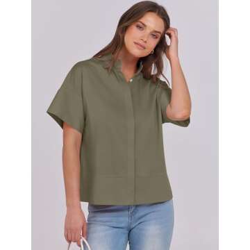 ANRABESS Women Short Sleeve Button Down Cropped Shirts Oversized Boxy Loose Fit Dressy Business Casual Office Work Top Blouse Army Green Large