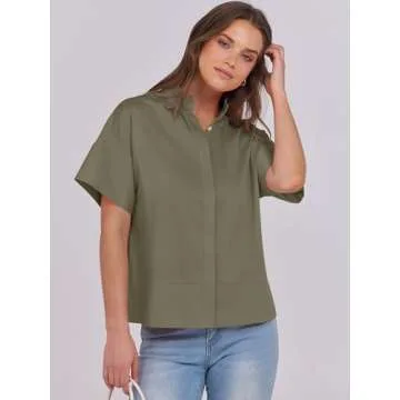 ANRABESS Women Short Sleeve Button Down Cropped Shirts Oversized Boxy Loose Fit Dressy Business Casual Office Work Top Blouse Army Green Large
