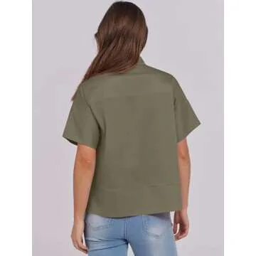 ANRABESS Women Short Sleeve Button Down Cropped Shirts Oversized Boxy Loose Fit Dressy Business Casual Office Work Top Blouse Army Green Large