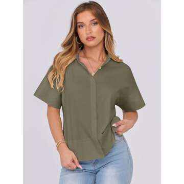 ANRABESS Women Short Sleeve Button Down Cropped Shirts Oversized Boxy Loose Fit Dressy Business Casual Office Work Top Blouse Army Green Large
