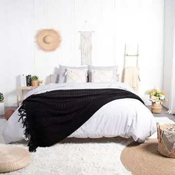 lifein Fall Black Throw Blanket for Couch-Soft Boho Bed Throw Blankets,Cozy Knitted Throw Blanket,Small Knit Farmhouse Lightweight Blanket&Throw for Autumn,Woman,Chair,Sofa,Home Decor(Black,50 * 60")