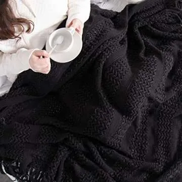 lifein Fall Black Throw Blanket for Couch-Soft Boho Bed Throw Blankets,Cozy Knitted Throw Blanket,Small Knit Farmhouse Lightweight Blanket&Throw for Autumn,Woman,Chair,Sofa,Home Decor(Black,50 * 60")