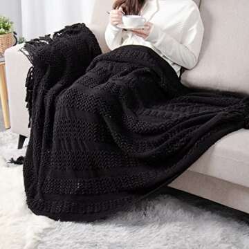 lifein Fall Black Throw Blanket for Couch-Soft Boho Bed Throw Blankets,Cozy Knitted Throw Blanket,Small Knit Farmhouse Lightweight Blanket&Throw for Autumn,Woman,Chair,Sofa,Home Decor(Black,50 * 60")