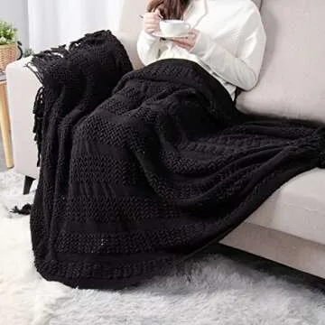 lifein Fall Black Throw Blanket for Couch-Soft Boho Bed Throw Blankets,Cozy Knitted Throw Blanket,Small Knit Farmhouse Lightweight Blanket&Throw for Autumn,Woman,Chair,Sofa,Home Decor(Black,50 * 60")