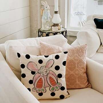 Easter Pillow Covers 18x18 Set of 4 Easter Decorations for Home Polka Dot Bunny Hello Peeps Carrot P...