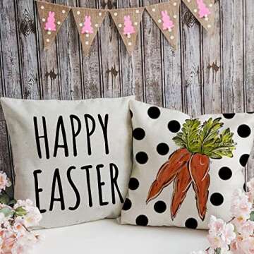 Easter Pillow Covers 18x18 Set of 4 Easter Decorations for Home Polka Dot Bunny Hello Peeps Carrot Pillows Bunny Easter Decorative Throw Pillows Spring Easter Farmhouse Decor A478-18