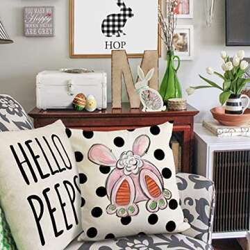 Easter Pillow Covers 18x18 Set of 4 Easter Decorations for Home Polka Dot Bunny Hello Peeps Carrot Pillows Bunny Easter Decorative Throw Pillows Spring Easter Farmhouse Decor A478-18