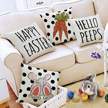 Easter Pillow Covers 18x18 Set of 4 Easter Decorations for Home Polka Dot Bunny Hello Peeps Carrot Pillows Bunny Easter Decorative Throw Pillows Spring Easter Farmhouse Decor A478-18