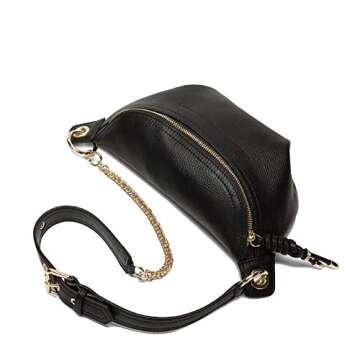 G GIRLFEEL Genuine Leather Fanny Packs Chest Bag Phone Purse with Metalic Chain for Women Mini Belt Bag Black