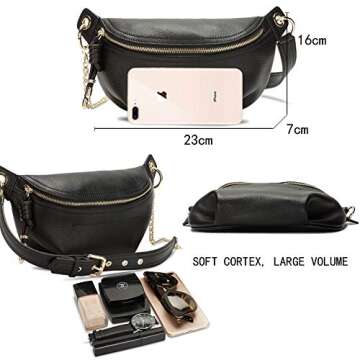 G GIRLFEEL Genuine Leather Fanny Packs Chest Bag Phone Purse with Metalic Chain for Women Mini Belt Bag Black