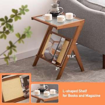 GHWIE End Table, Small Side Table for Couch, Sofa Table，Glass Small Coffee End Tables with Magazine&Book Shelf，Night Stands for Bedroom, Living Room