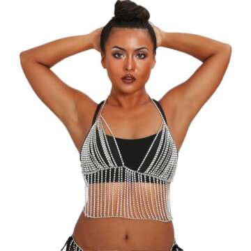 Aiosy Rhinestone Body Chain Bra Silver Chain Top Sexy Bra Chains Jewelry Beach Bikini Chest Chain Cr...