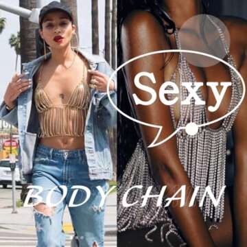 Aiosy Rhinestone Body Chain Bra Silver Chain Top Sexy Bra Chains Jewelry Beach Bikini Chest Chain Crystal Rave Nightclub Party Body Accessories for Women