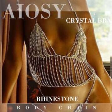 Aiosy Rhinestone Body Chain Bra Silver Chain Top Sexy Bra Chains Jewelry Beach Bikini Chest Chain Crystal Rave Nightclub Party Body Accessories for Women