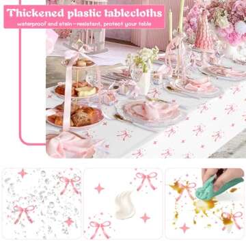 YTHETM 3 Pcs Bow Birthday Party Decorations Pink Bow Table Cloth Decor Disposable Waterproof Plastic Table Cover Party Supplies for Baby Shower Bridal Bachelorette Party Favor (54 x 108 Inches)