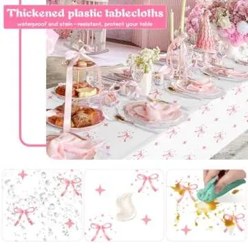 YTHETM 3 Pcs Bow Birthday Party Decorations Pink Bow Table Cloth Decor Disposable Waterproof Plastic Table Cover Party Supplies for Baby Shower Bridal Bachelorette Party Favor (54 x 108 Inches)