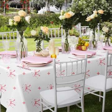 YTHETM 3 Pcs Bow Birthday Party Decorations Pink Bow Table Cloth Decor Disposable Waterproof Plastic Table Cover Party Supplies for Baby Shower Bridal Bachelorette Party Favor (54 x 108 Inches)