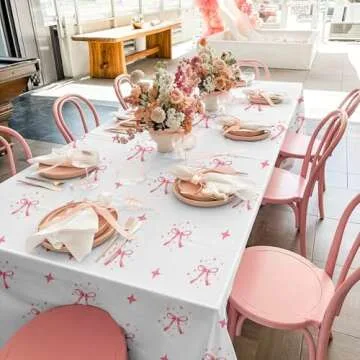 YTHETM 3 Pcs Bow Birthday Party Decorations Pink Bow Table Cloth Decor Disposable Waterproof Plastic Table Cover Party Supplies for Baby Shower Bridal Bachelorette Party Favor (54 x 108 Inches)