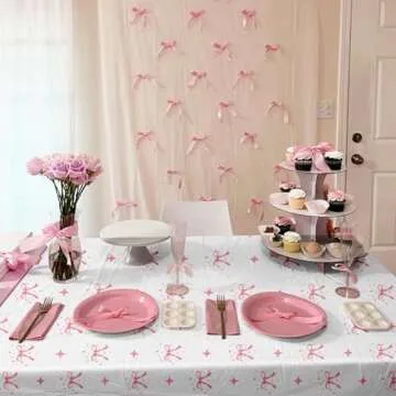 YTHETM 3 Pcs Bow Birthday Party Decorations Pink Bow Table Cloth Decor Disposable Waterproof Plastic Table Cover Party Supplies for Baby Shower Bridal Bachelorette Party Favor (54 x 108 Inches)
