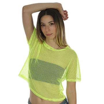 Sheer Mesh Fishnet Rave Festival Women's Crop Top (Neon Yellow, XXL)