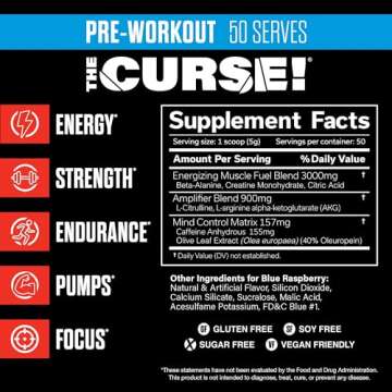 JNX SPORTS The Curse! Pre Workout Powder - Blue Raspberry 50 Servings | Preworkout: Boost Strength, ...