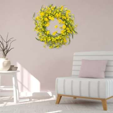 HomeKaren Spring Wreaths for Front Door 22 Inch, Door Wreath for Spring and Summer with Flowers, Spring, Green Yellow Floral Wreath for All Seasons Home Decoration