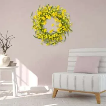 HomeKaren Spring Wreaths for Front Door 22 Inch, Door Wreath for Spring and Summer with Flowers, Spring, Green Yellow Floral Wreath for All Seasons Home Decoration