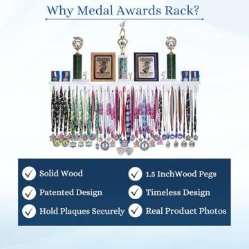 4ft- Medal Awards Rack Premier Medal Hanger Display Rack and Trophy Shelf for Gymnastics, Soccer, Basketball, Football, and More. The Largest Medal and Award Display- 48” - White